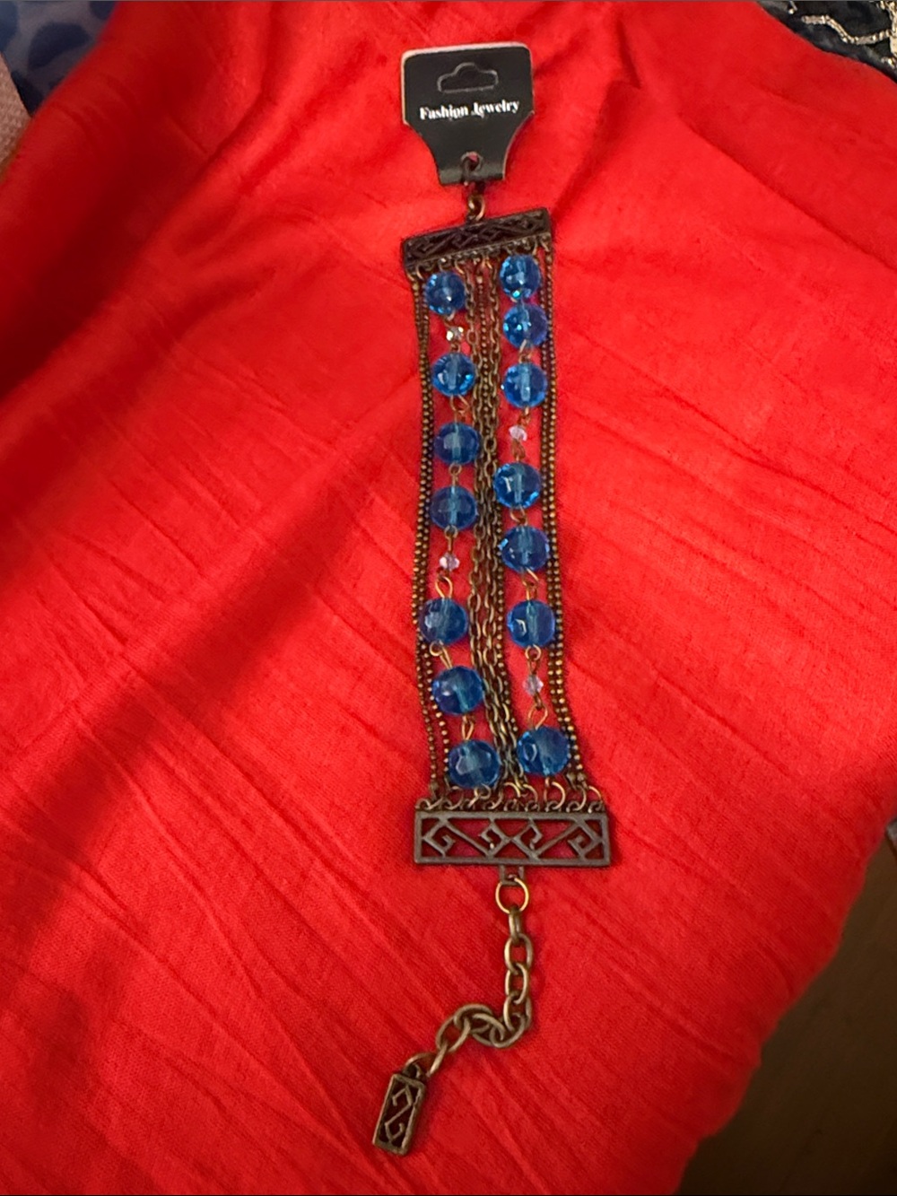 Fashion Jewelry Blue Beaded Layered Chain Bracelet with Antique Gold Tone